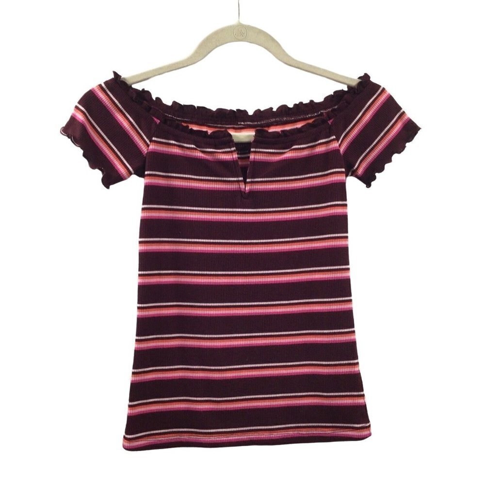 Aero Seriously Soft Women’s SZ S Striped Ruffle Neckline Ribbed Top Shirt